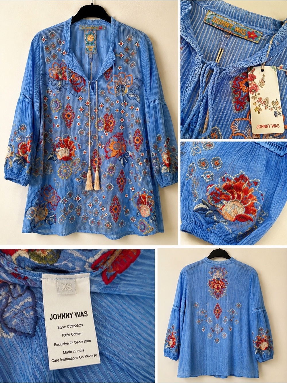 Johnny Was Blue Embroidered Tunic with Red & Cream Floral Accents